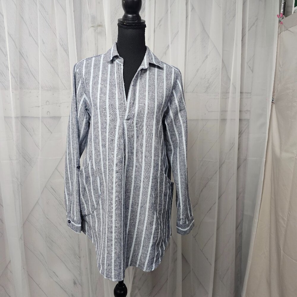 Forcynthia Gray Blue Striped Linen Blend Roll Tab Sleeve Beach Tunic Size M